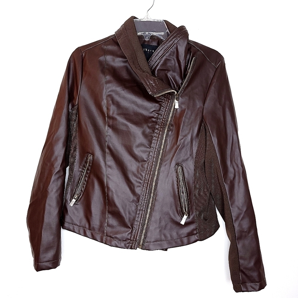 THERAPY women's m faux leather vegan friendly brown asymmetrical zipper jacket